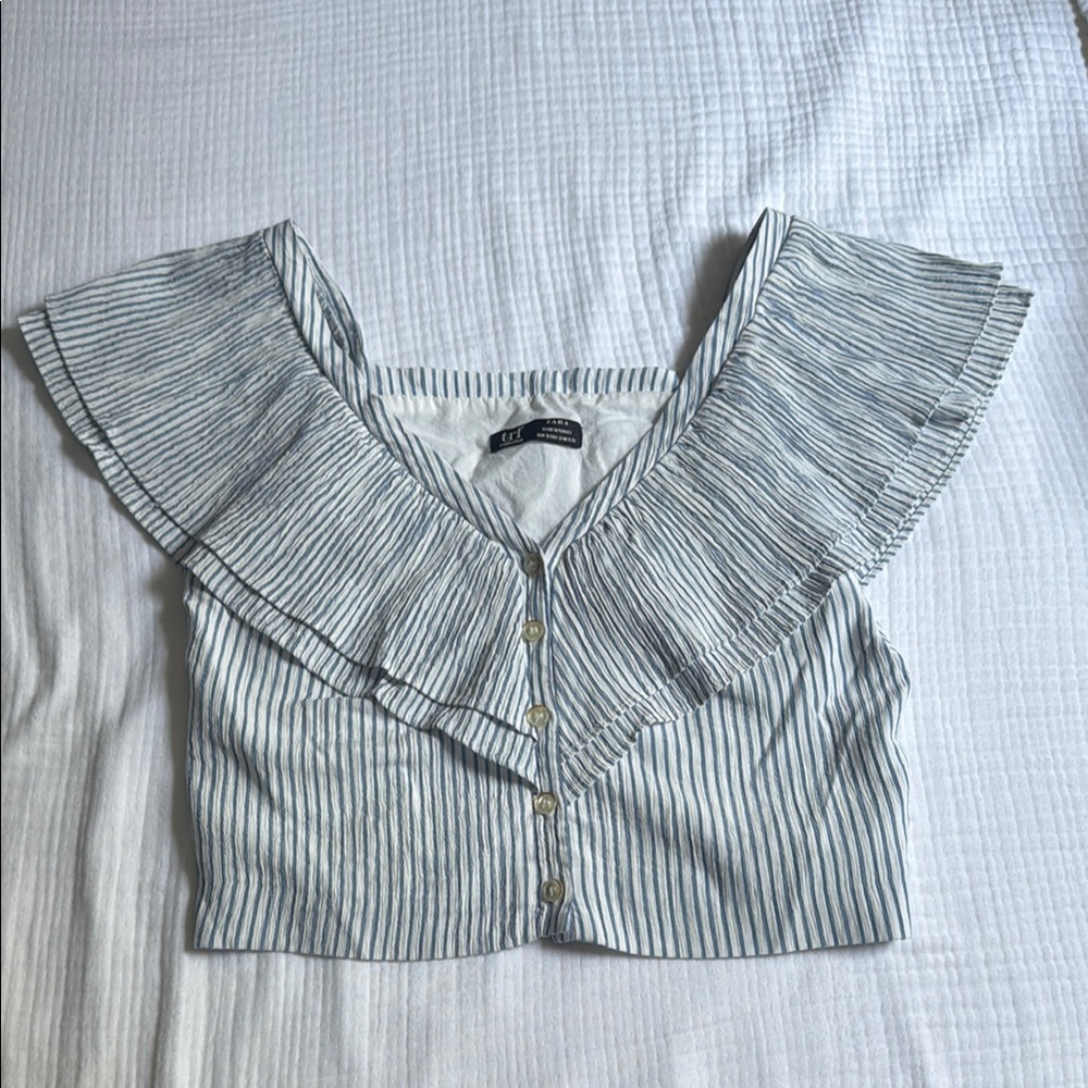 ZARA Ruffled Crop SMALL blue and white